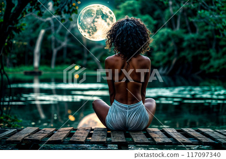 Woman is sitting on dock with full moon in the background. 117097340