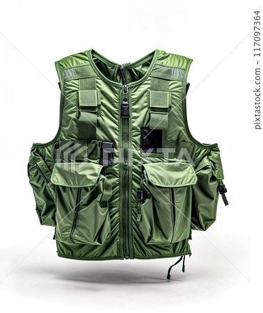 Green vest with multiple pockets and zipper on the back of it. 117097364