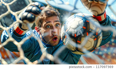 Man holding soccer ball in front of his face through net. 117097369