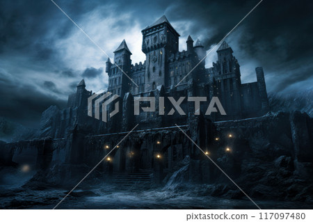 Dark spooky castle at night, scary medieval gothic palace on full moon background, old grim mansion like in horror movie. Concept of Halloween, nightmare 117097480