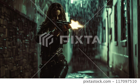 Female killer in black leather clothes fires from machine gun at night, sexy woman spy holding weapon in dark city. Concept of movie, action, mercenary, crime, murderer 117097510
