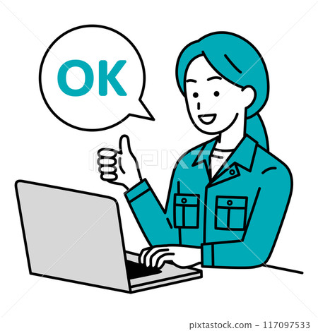 A female worker working on a laptop making an OK sign 117097533