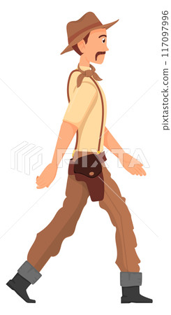 Cowboy side view. Walking man in retro hat 117097996