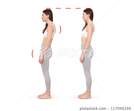 Comparison of good and bad posture. Problems of slouching, curvature of the spine Comparison of good and bad posture. Problems of slouching, curvature of the spine 117098189