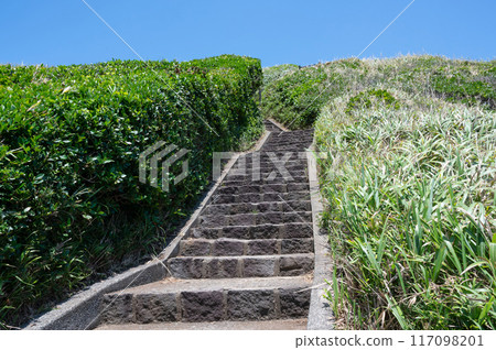神奈川縣城島，藍天和樓梯的夏季景觀 117098201