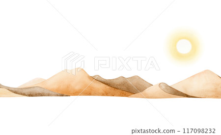 Elegant desert landscape with sun and sand dunes watercolor illustration isolated on white background. Monochrome sunrise sketch in beige and yellow colors. Panoramic horizontal clipart 117098232
