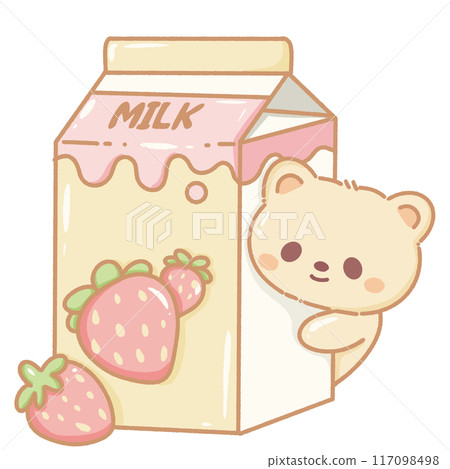 Hand drawn doodle illustration kawaii cute bear with strawberry milk Perfect for celebrations and children's parties. 117098498