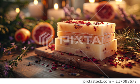 handmade soaps natural with rose petals and lavender and rosemary. 117098672