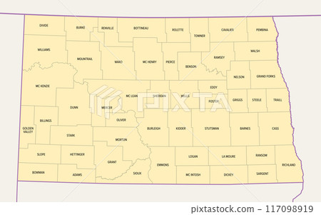 North Dakota, U.S. state, subdivided into 53 counties, political map with borders and county names. State in the Upper Midwest region of the United States, nicknamed Peace Garden and Roughrider State. 117098919