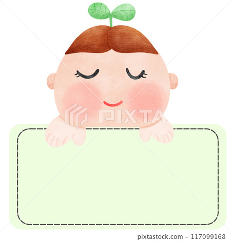A sign of a message, a sign with a boy, popping up in front of a face, peeking at a leaf on his head. A sign of a message, a sign with a boy, popping up in front of a face, peeking at a leaf on his head. 117099168