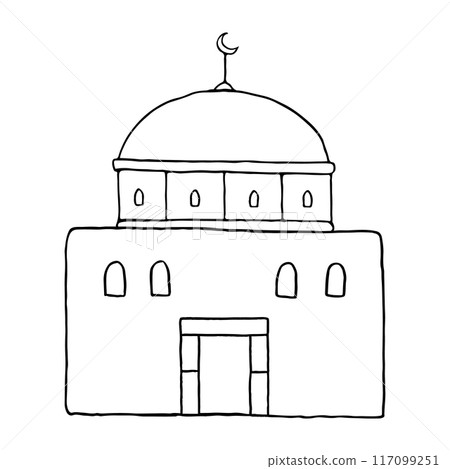 Flat vector mosque house black and white simple vector illustration. Traditional Islamic Middle East Arabic architecture with windows and dome Flat vector mosque house black and white simple vector illustration. Traditional Islamic Middle East Arabic architecture with windows and dome 117099251