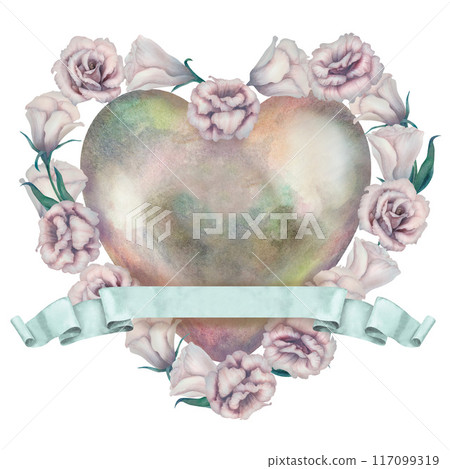 Pearl watercolor heart of glow texture with a wreath of menthol flowers and a blank pink ribbon banner. Romantic decorative love sign isolated on white background for sticker, label, scrapbook, logo 117099319