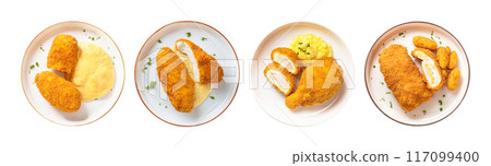 Isolated on a transparent background is a white plate of chicken cordon bleu 117099400