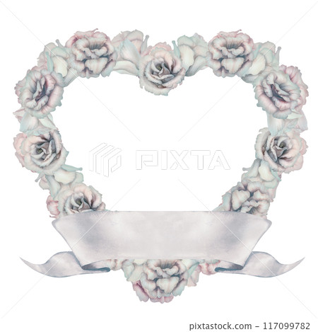 Floral watercolor heart shaped wreath of white flowers and blank pink ribbon banner for text. Romantic decorative love sign isolated on white background for wedding sticker, label, scrapbook, logo Floral watercolor heart shaped wreath of white flowers and blank pink ribbon banner for text. Romantic decorative love sign isolated on white background for wedding sticker, label, scrapbook, logo 117099782