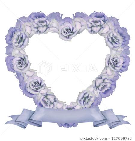 Floral watercolor heart shaped wreath of blue flowers and blank pink ribbon banner for text. Romantic decorative love sign isolated on white background for wedding sticker, label, scrapbook, logo Floral watercolor heart shaped wreath of blue flowers and blank pink ribbon banner for text. Romantic decorative love sign isolated on white background for wedding sticker, label, scrapbook, logo 117099783