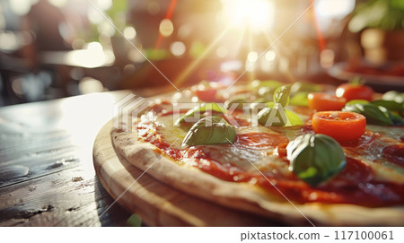 Close-Up of fresh baked Italian Margherita pizza on wooden table 117100061