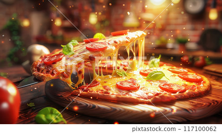 Close-up of fresh baked Italian Margherita pizza slice with oozing cheese 117100062