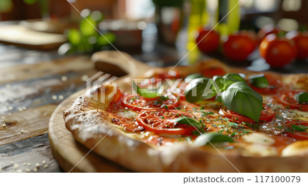 Close-up of fresh baked Italian pizza on old rustic wooden kitchen table Close-up of fresh baked Italian pizza on old rustic wooden kitchen table 117100079