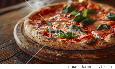 Close-up of fresh baked Italian pizza on old rustic wooden table 117100084