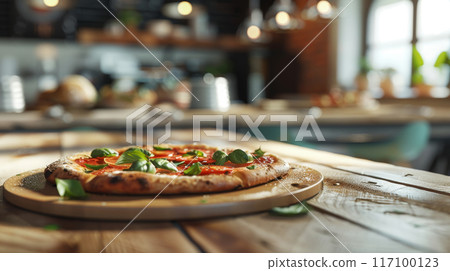 Classic Neapolitan pizza on rustic wooden table in authentickitchen background Classic Neapolitan pizza on rustic wooden table in authentickitchen background 117100123