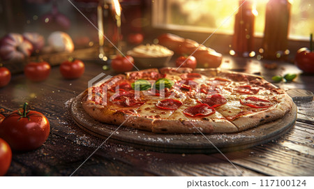 Close-up of fresh baked Italian pizza on old rustic wooden kitchen table 117100124
