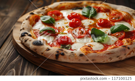Close-up of fresh baked Italian pizza on old rustic wooden kitchen table top view 117100125
