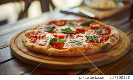 Close-up of fresh baked Italian pizza on old rustic wooden table background 117100128