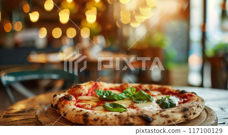 Close-up of fresh baked Italian pizza on old rustic wooden table in restaurant background with bokeh Close-up of fresh baked Italian pizza on old rustic wooden table in restaurant background with bokeh 117100129