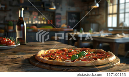 Close-up of fresh baked Italian pizza on old rustic wooden table in pizzeria background 117100133