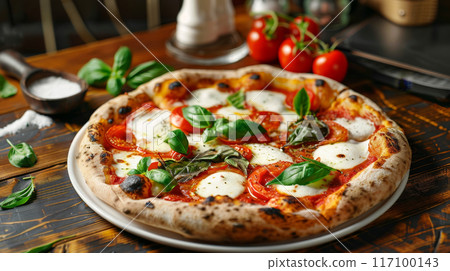 Close-up of fresh baked Italian pizza on old rustic wooden kitchen table top view 117100143