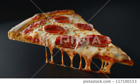 slice of Fresh Italian pizza close-up with melted cheese on old black background 117100153