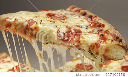 Fresh Neapolitan Margherita pizza Slice close-up with melted cheese 117100158