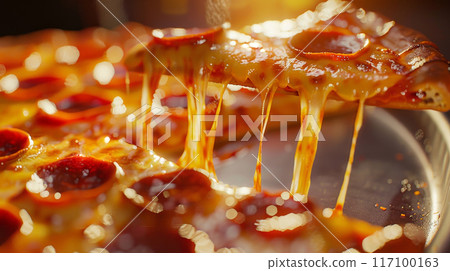 Fresh Italian pizza close-up with melted cheese on old black background 117100163