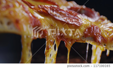 slice of Fresh Italian pizza close-up with melted cheese on old black background 117100165
