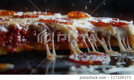 Fresh Neapolitan Margherita Italian pizza slice close-up with melted cheese on dark background 117100173