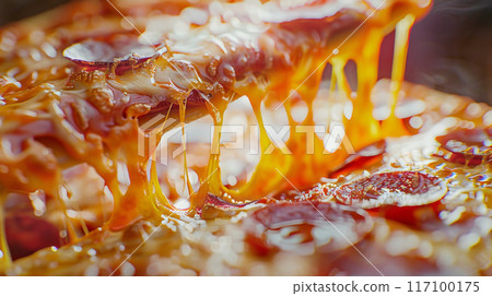 Close-up of fresh baked Italian pizza slice with oozing cheese Close-up of fresh baked Italian pizza slice with oozing cheese 117100175