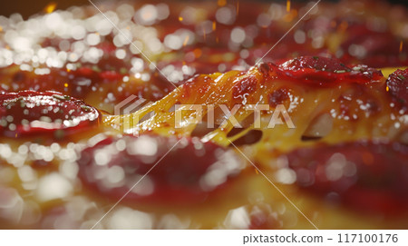 Close-up of fresh baked Italian pizza slice with oozing cheese Close-up of fresh baked Italian pizza slice with oozing cheese 117100176