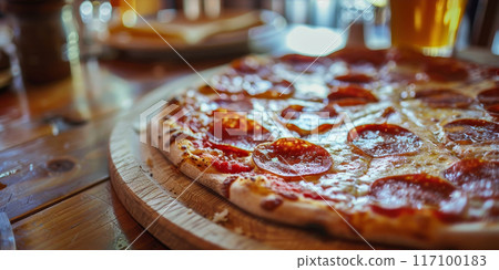 Authentic Italian pizza on old rustic wooden table top view with bokeh restaurant background 117100183