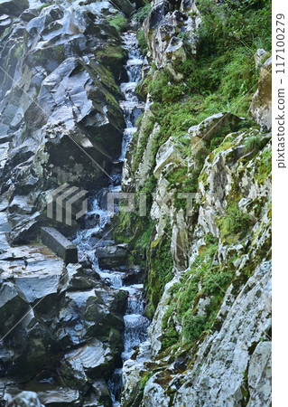 Falls flowing through rocky skin 117100279