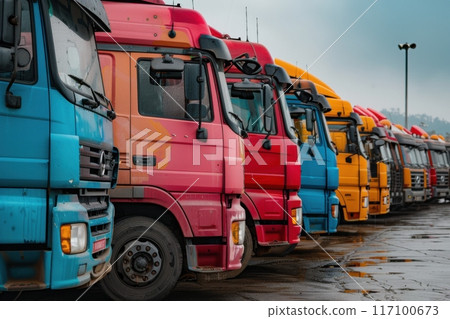 Colorful fleet of trucks parked in a yard under cloudy skies. Cargo transportation. Generative AI 117100673