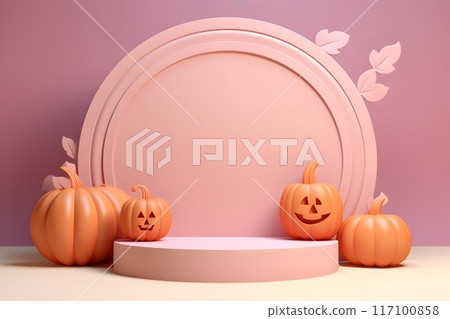 Round Plaster Podium 3D Halloween Presentation Black Orange Pastel Background for Festival Holiday Marketing, Generative AI 117100858