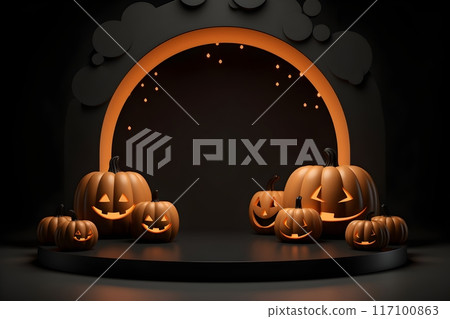 Round Plaster Podium 3D Halloween Presentation Black Orange Pastel Background for Festival Holiday Marketing, Generative AI 117100863