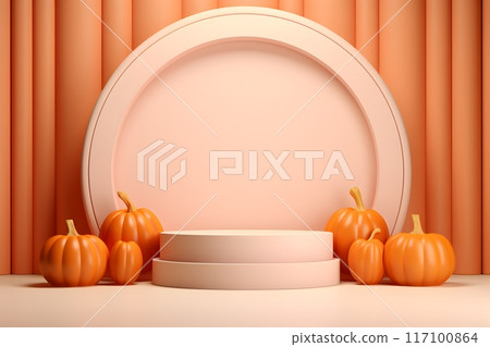 Round Plaster Podium 3D Halloween Presentation Black Orange Pastel Background for Festival Holiday Marketing, Generative AI 117100864