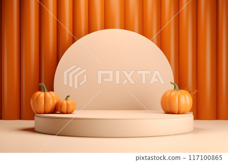 Round Plaster Podium 3D Halloween Presentation Black Orange Pastel Background for Festival Holiday Marketing, Generative AI 117100865