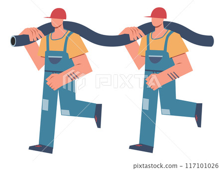 Builder character. Two men carrying a hose or pipe. Plumbers or builders in uniform and helmets work at construction site. Building home and renovation industry. Vector cartoon flat illustration Builder character. Two men carrying a hose or pipe. Plumbers or builders in uniform and helmets work at construction site. Building home and renovation industry. Vector cartoon flat illustration 117101026