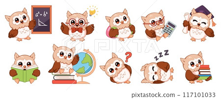 Funny owl characters. Cute wise bird with books, kids mascot, knowledge, wisdom and education symbol, cartoon professor filin, different actions study and read. Back to school, tidy vector set 117101033