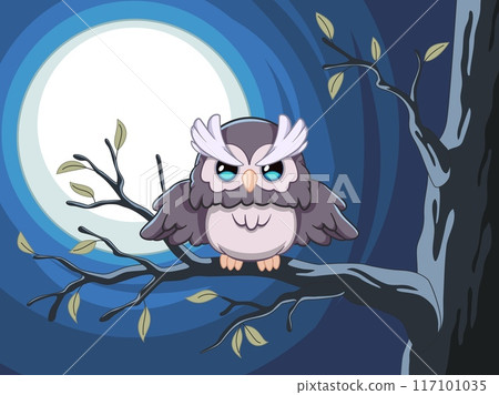 Nocturnal bird of prey on branch. Cute owl in tree at night, halloween landscape, kids funny character, wise filin, wildlife character in forest, smart symbol, cartoon flat tidy vector concept Nocturnal bird of prey on branch. Cute owl in tree at night, halloween landscape, kids funny character, wise filin, wildlife character in forest, smart symbol, cartoon flat tidy vector concept 117101035