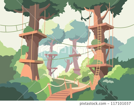 Rope adventure park landscape. Climbing center with suspension bridges, rope ladders and wooden platforms, trees and shrubs, obstacle course, cartoon flat isolated illustration, vector concept Rope adventure park landscape. Climbing center with suspension bridges, rope ladders and wooden platforms, trees and shrubs, obstacle course, cartoon flat isolated illustration, vector concept 117101037