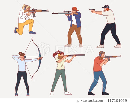 Sports shooting. People with bows, rifles, pistols and shotguns, professional sports with small arms, firearms, accuracy, aiming, men and women cartoon flat style isolated vector set 117101039