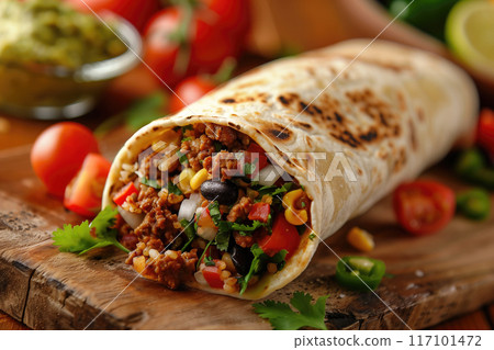 Mexican burrito with meat, vegetables and sauce 117101472